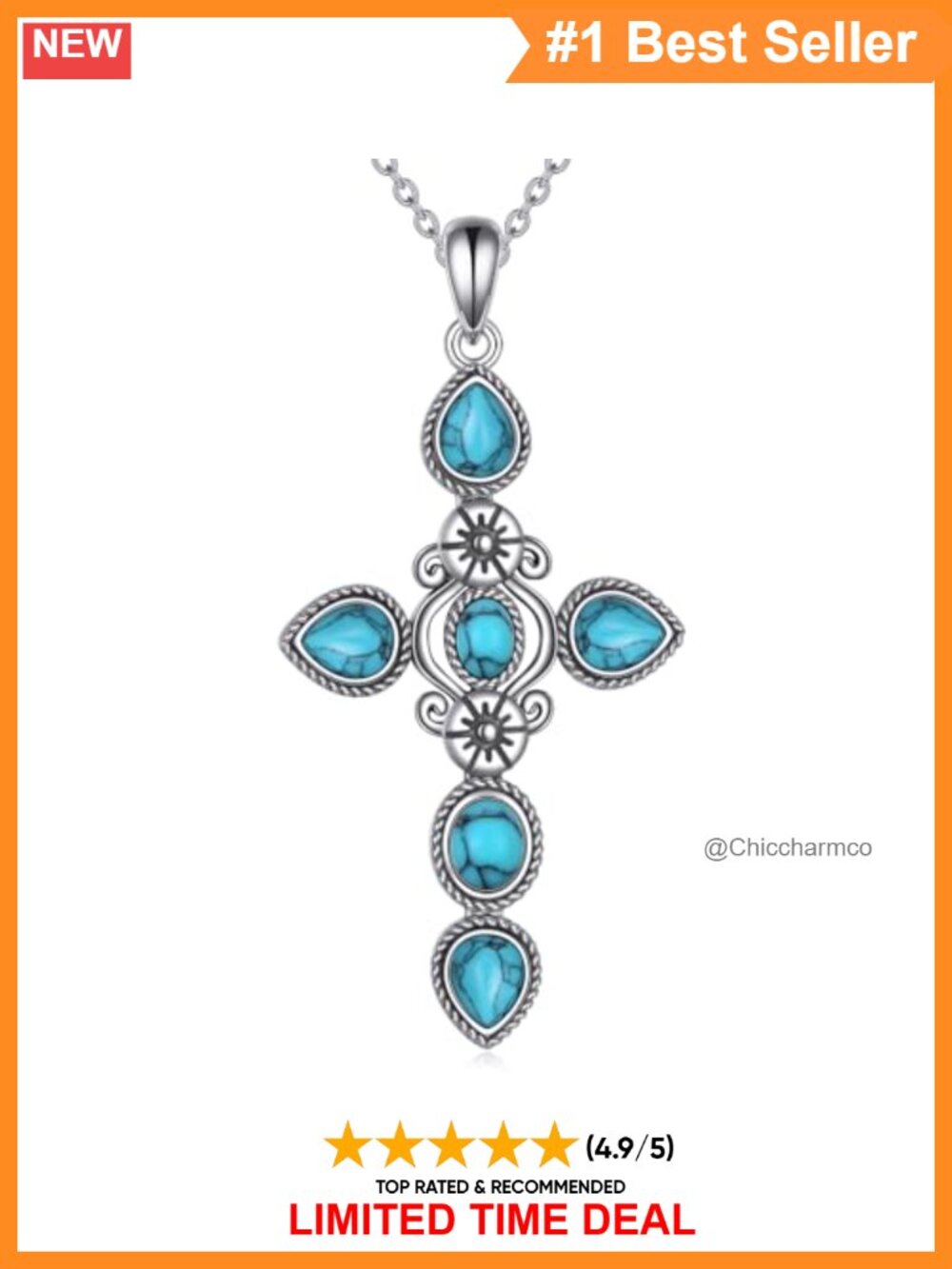 S925 Sterling Silver Turquoise Cross Pendant Necklace 18+2 in